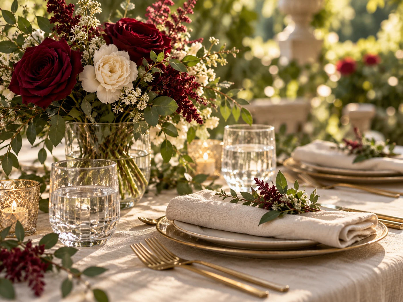 An editorial table setting with burgundy roses and warm candlelight