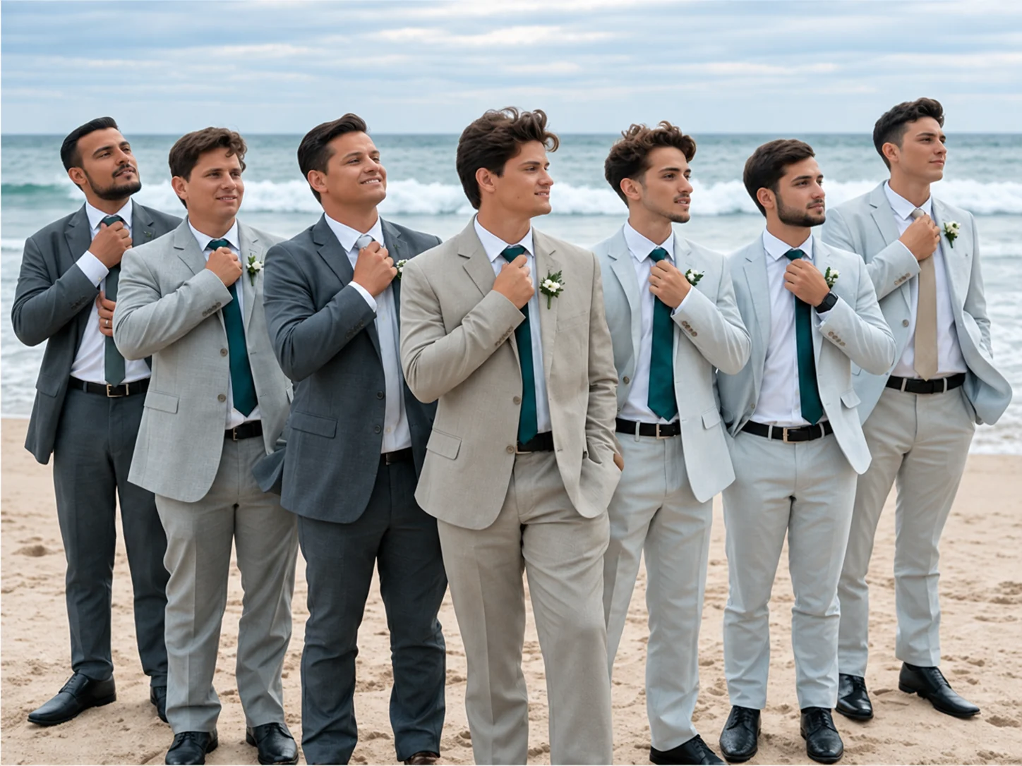 A group in coordinated suits beside the sea