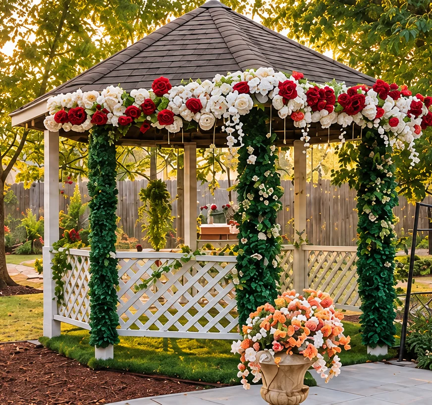 A garden gazebo decorated with red and white flowers