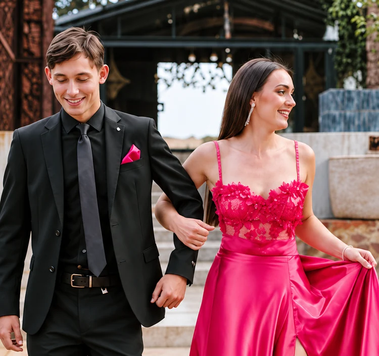 A couple in black formalwear and a vibrant pink gown