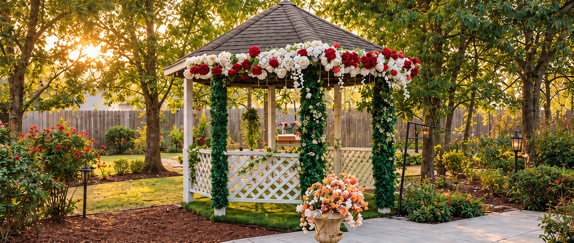 A flower-decorated garden gazebo in warm evening light